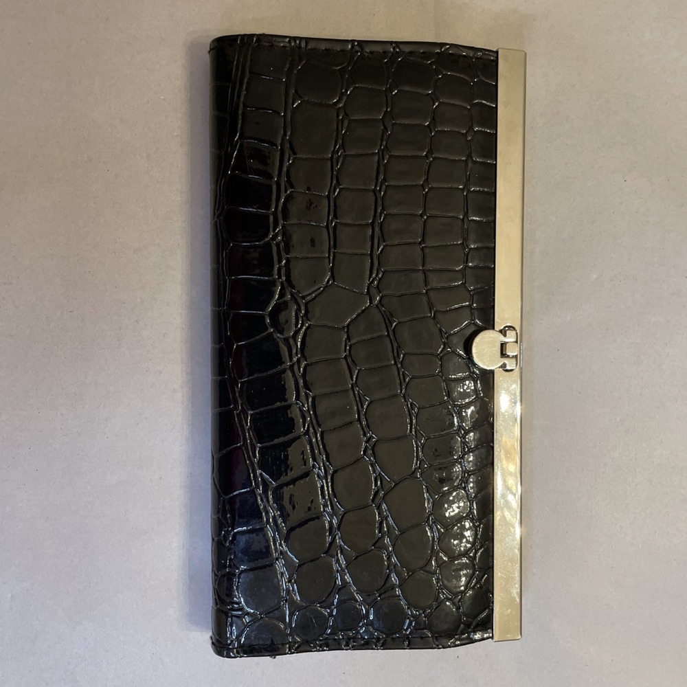 Black Crocodile Print Skin Wallet | Patent Sheen Silver Metal Trim | Gothic